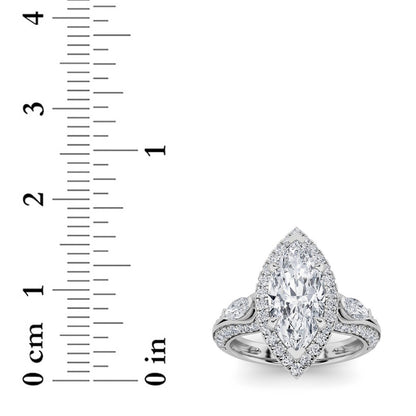 3CTW Marquise Shaped Lab Grown Diamond (F/VS) Three Stone Halo Enagement Ring in 14K Gold