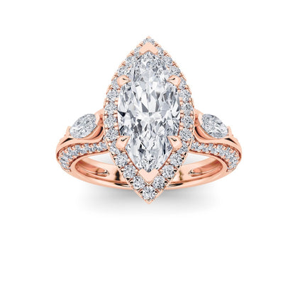 3CTW Marquise Shaped Lab Grown Diamond (F/VS) Three Stone Halo Enagement Ring in 14K Gold