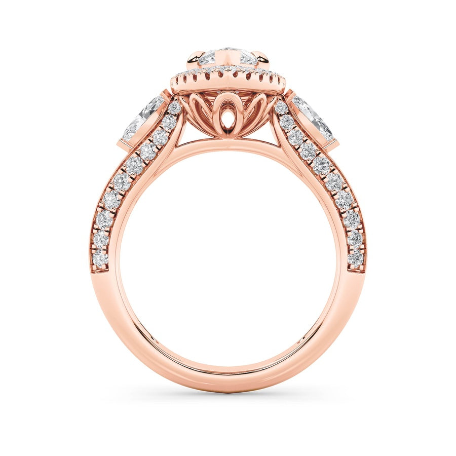 3CTW Marquise Shaped Lab Grown Diamond (F/VS) Three Stone Halo Enagement Ring in 14K Gold