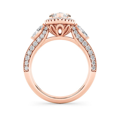3CTW Marquise Shaped Lab Grown Diamond (F/VS) Three Stone Halo Enagement Ring in 14K Gold