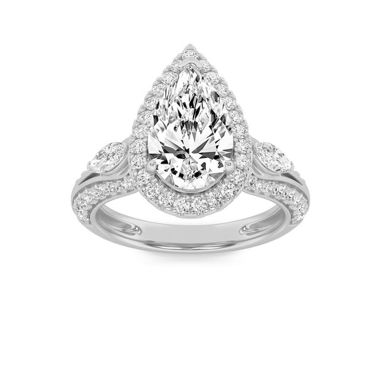 3CTW Pear Shaped Lab Grown Diamond (F/VS) Three Stone Halo Enagement Ring in 14K Gold