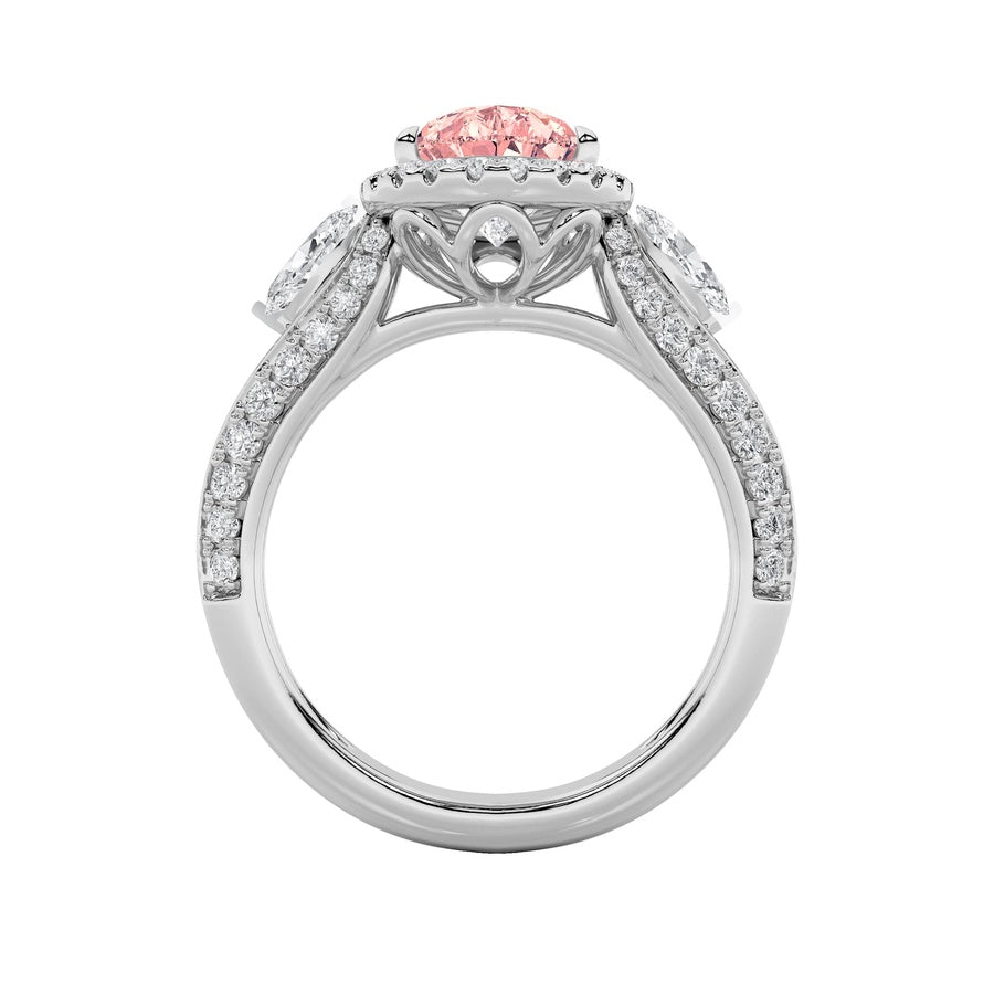 3CTW Pear Shaped Lab Grown Diamond (F/VS) Three Stone Halo Enagement Ring in 14K Gold