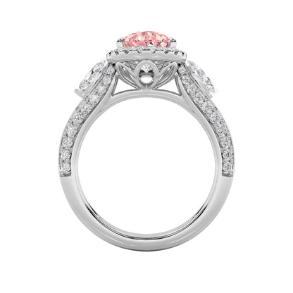 3CTW Pear Shaped Lab Grown Diamond (F/VS) Three Stone Halo Enagement Ring in 14K Gold