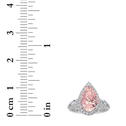 3CTW Pear Shaped Lab Grown Diamond (F/VS) Three Stone Halo Enagement Ring in 14K Gold