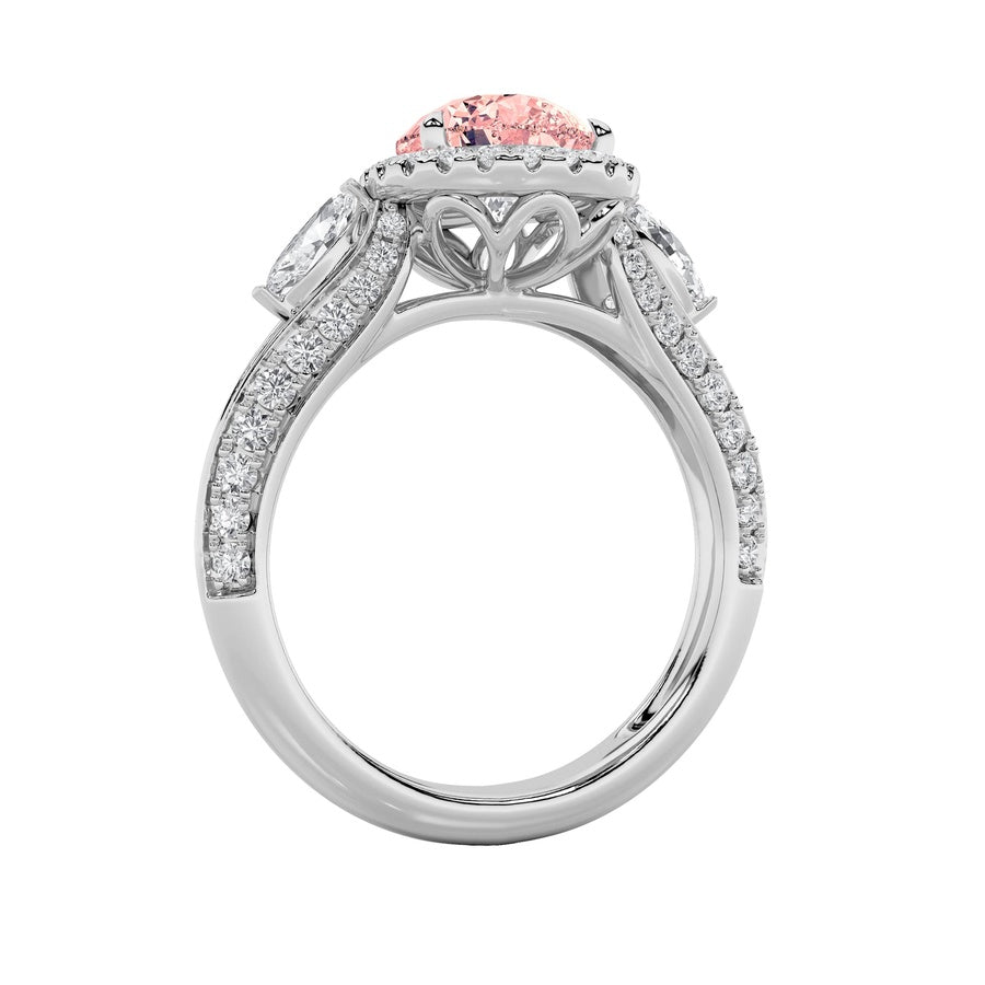3CTW Pear Shaped Lab Grown Diamond (F/VS) Three Stone Halo Enagement Ring in 14K Gold