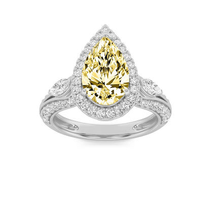 3CTW Pear Shaped Lab Grown Diamond (F/VS) Three Stone Halo Enagement Ring in 14K Gold
