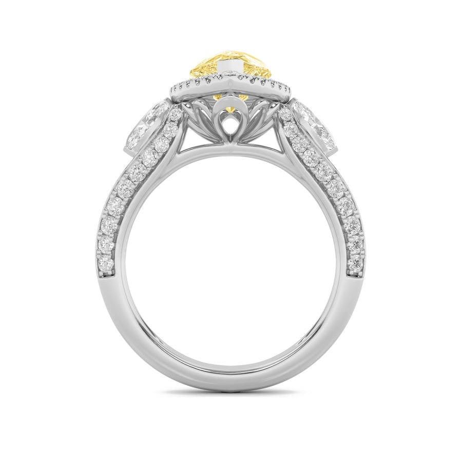 3CTW Pear Shaped Lab Grown Diamond (F/VS) Three Stone Halo Enagement Ring in 14K Gold