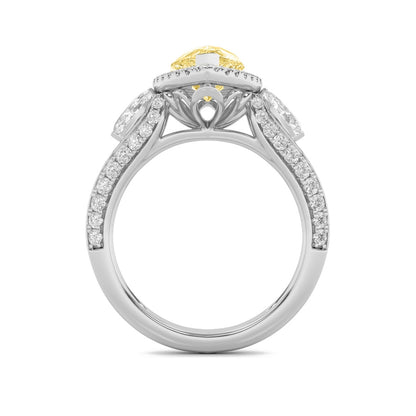3CTW Pear Shaped Lab Grown Diamond (F/VS) Three Stone Halo Enagement Ring in 14K Gold