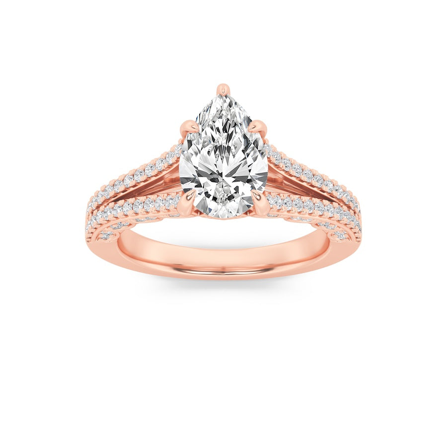 2CTW Pear Shaped Lab Grown Diamond (F/VS) Split Shank Accented Engagement Ring in 14K Gold