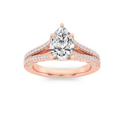 2CTW Pear Shaped Lab Grown Diamond (F/VS) Split Shank Accented Engagement Ring in 14K Gold