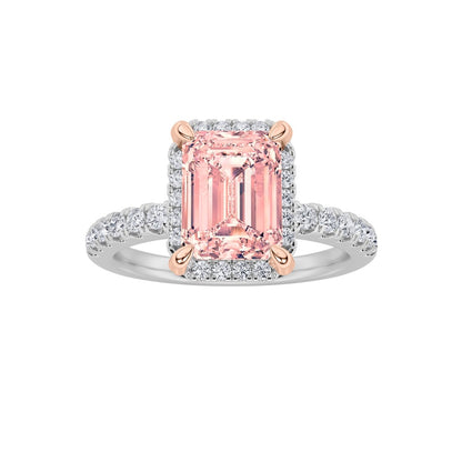 2CTW Emerald Shaped Lab Grown Diamond (F/VS) Halo Accented Engagement Ring in 14K Gold