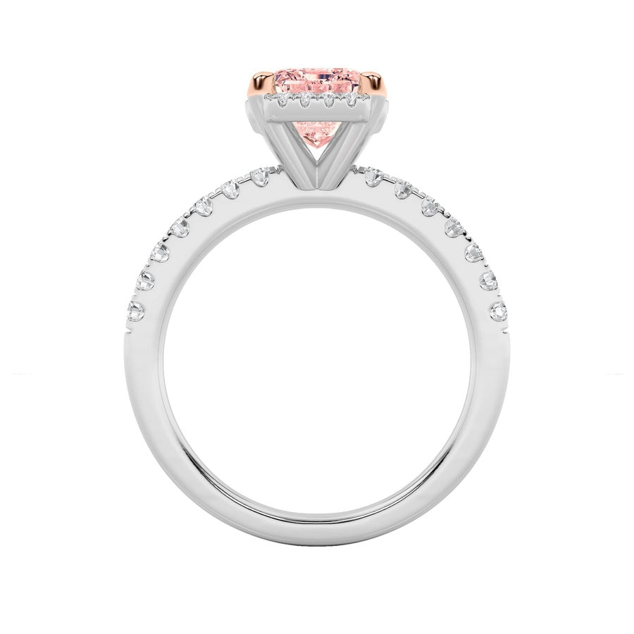 2CTW Emerald Shaped Lab Grown Diamond (F/VS) Halo Accented Engagement Ring in 14K Gold