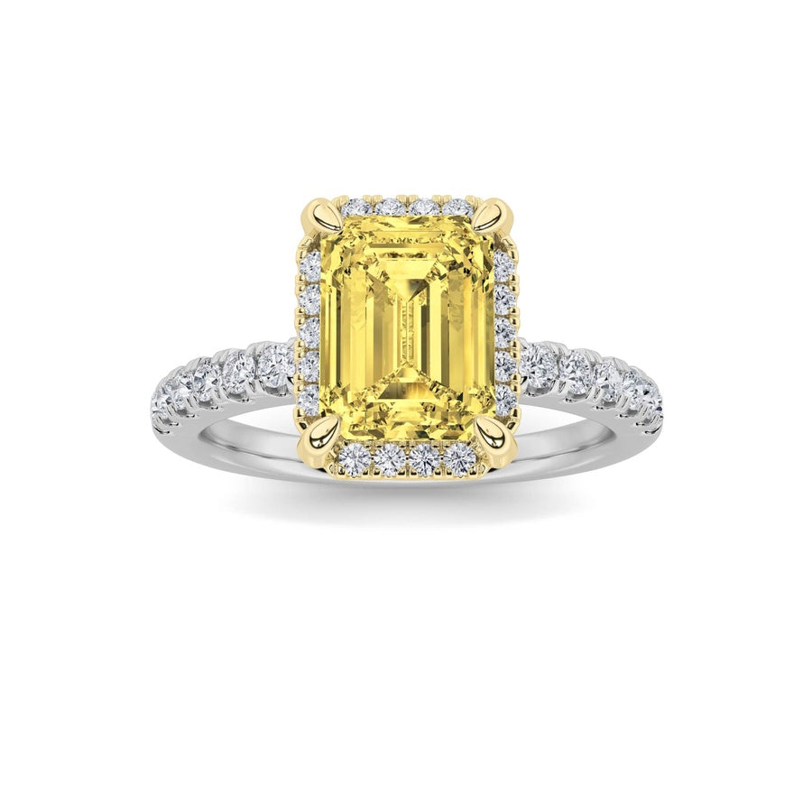 2CTW Emerald Shaped Lab Grown Diamond (F/VS) Halo Accented Engagement Ring in 14K Gold