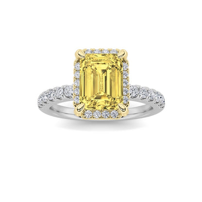 2CTW Emerald Shaped Lab Grown Diamond (F/VS) Halo Accented Engagement Ring in 14K Gold