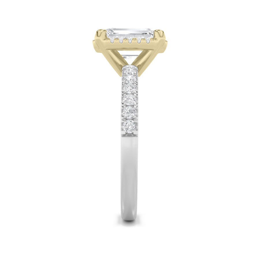 2CTW Emerald Shaped Lab Grown Diamond (F/VS) Halo Accented Engagement Ring in 14K Gold