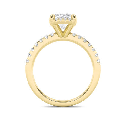 2CTW Emerald Shaped Lab Grown Diamond (F/VS) Halo Accented Engagement Ring in 14K Gold