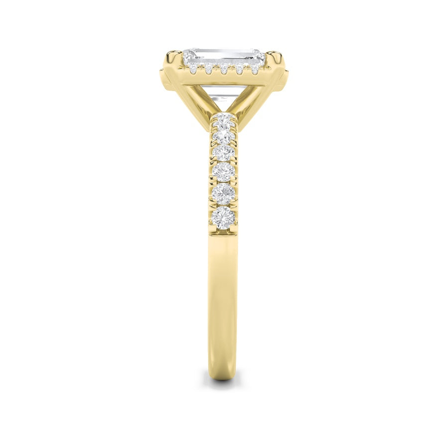 2CTW Emerald Shaped Lab Grown Diamond (F/VS) Halo Accented Engagement Ring in 14K Gold