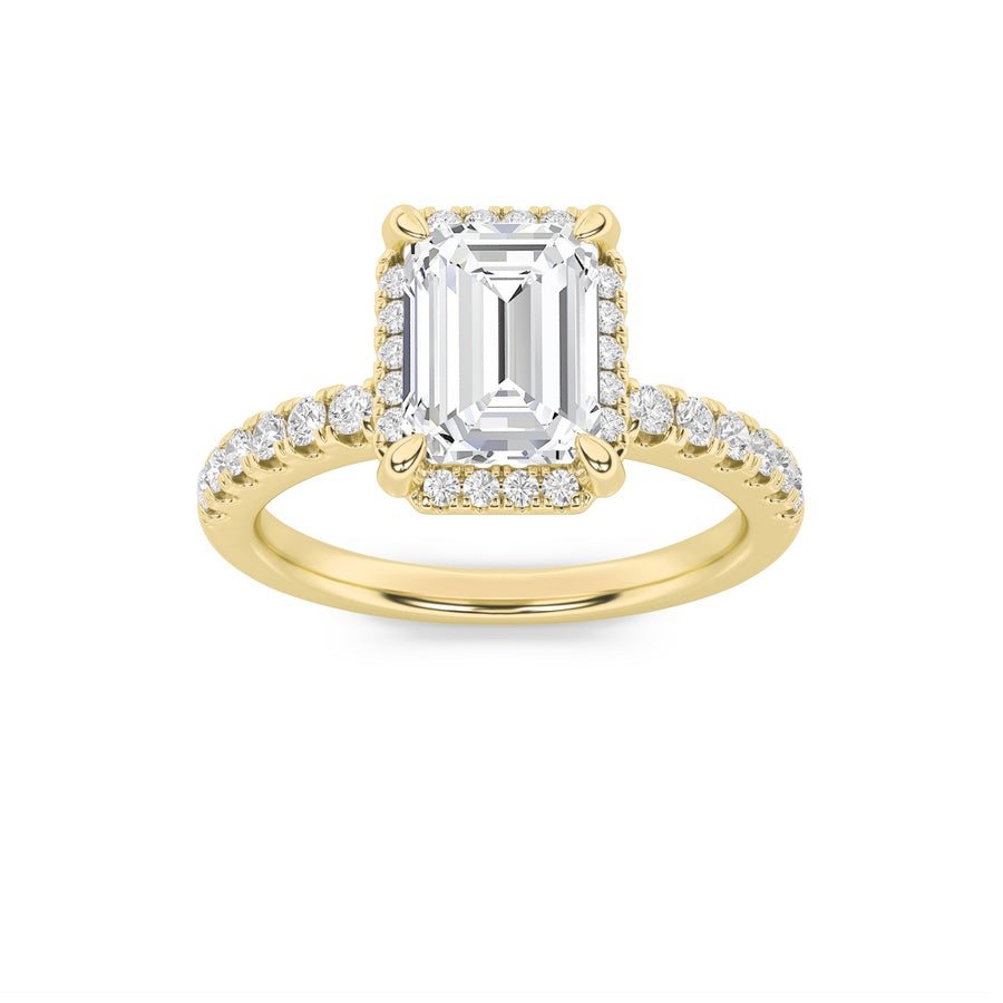 2CTW Emerald Shaped Lab Grown Diamond (F/VS) Halo Accented Engagement Ring in 14K Gold