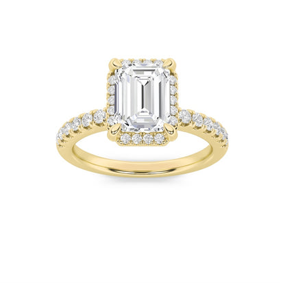 2CTW Emerald Shaped Lab Grown Diamond (F/VS) Halo Accented Engagement Ring in 14K Gold
