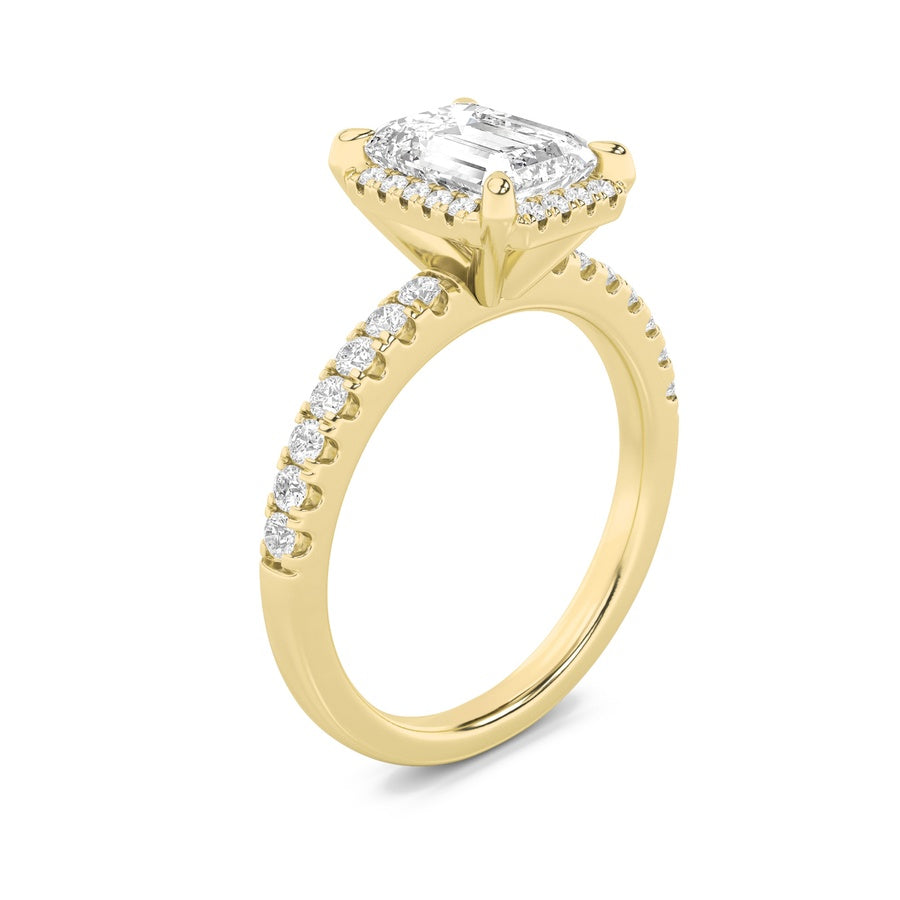 2CTW Emerald Shaped Lab Grown Diamond (F/VS) Halo Accented Engagement Ring in 14K Gold