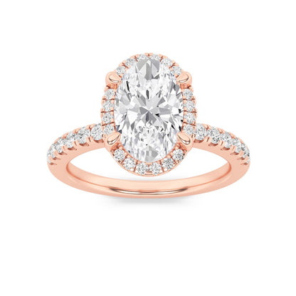 2CTW Oval Shaped Lab Grown Diamond (F/VS) Halo Accented Engagement Ring in 14K Gold