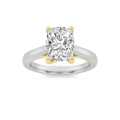3CTW Elongated Cushion Shaped Lab Grown Diamond (F/VS) Two Tone Cathedral Shank Engagement Ring in 14K Gold