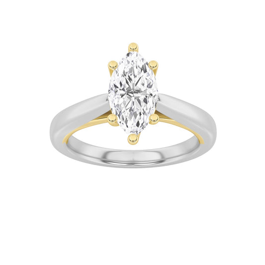 1CTW Marquise Shaped Lab Grown Diamond (F/VS) Two Tone Six Prong Engagement Ring in 14K Gold