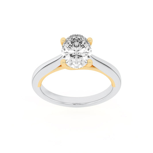 1CTW Oval Shaped Lab Grown Diamond (F/VS) Two Tone Cathedral Shank Engagement Ring in 14K Gold