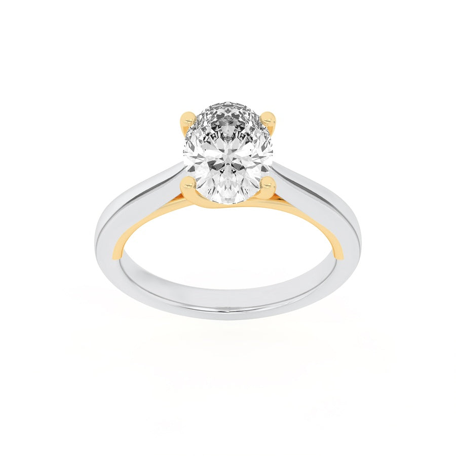 2CTW Oval Shaped Lab Grown Diamond (F/VS) Two Tone Cathedral Shank Engagement Ring in 14K Gold