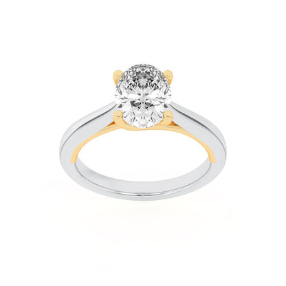 2CTW Oval Shaped Lab Grown Diamond (F/VS) Two Tone Cathedral Shank Engagement Ring in 14K Gold