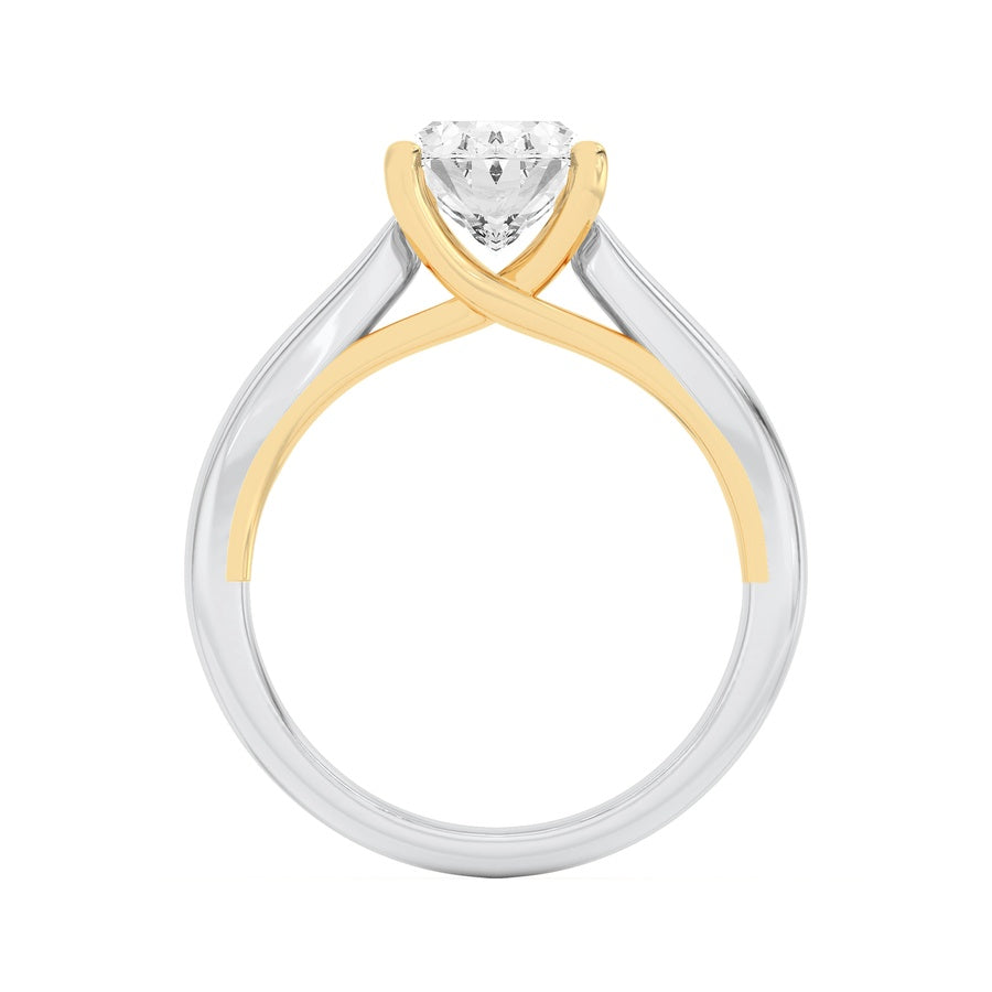 2CTW Oval Shaped Lab Grown Diamond (F/VS) Two Tone Cathedral Shank Engagement Ring in 14K Gold