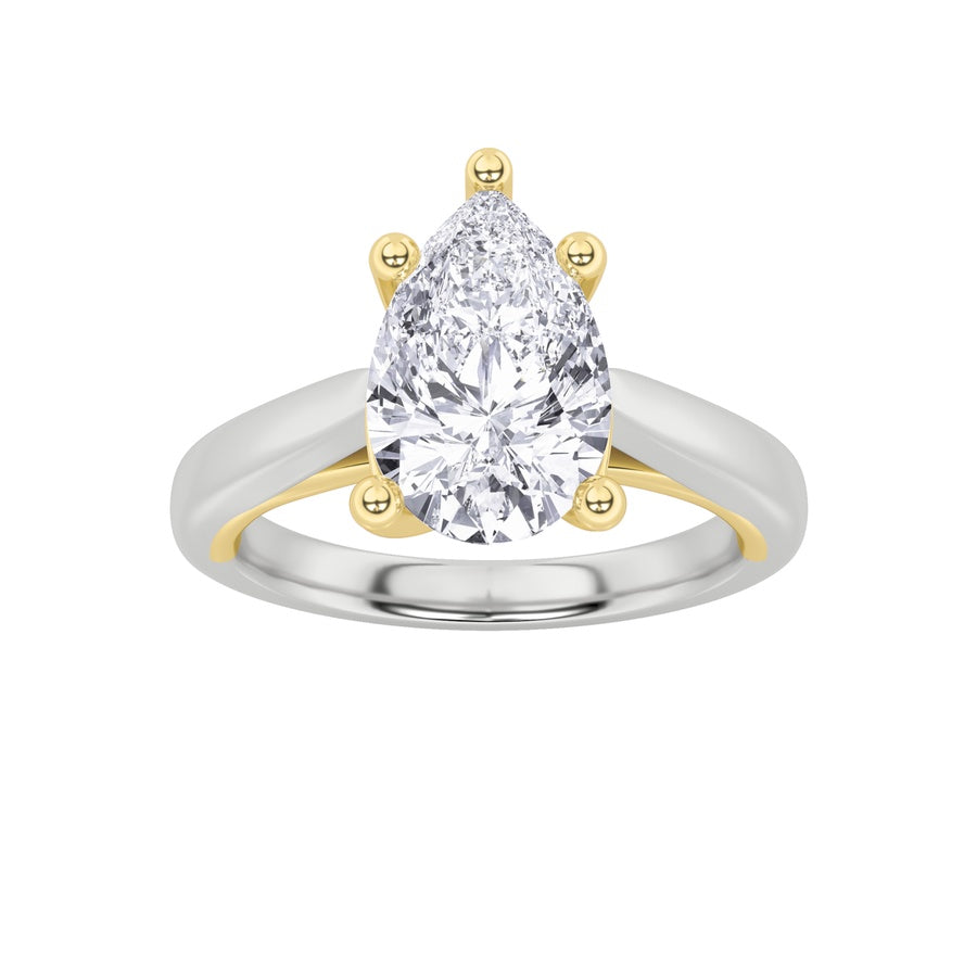 1CTW Pear Shaped Lab Grown Diamond (F/VS) Two Tone Cathedral Shank Engagement Ring in 14K Gold