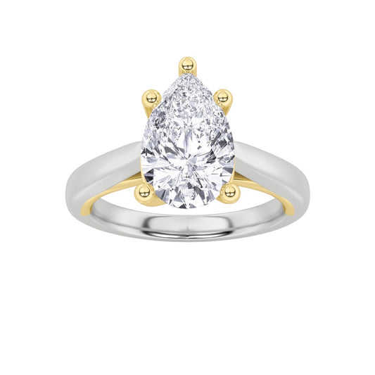 2CTW Pear Shaped Lab Grown Diamond (F/VS) Two Tone Cathedral Shank Engagement Ring in 14K Gold