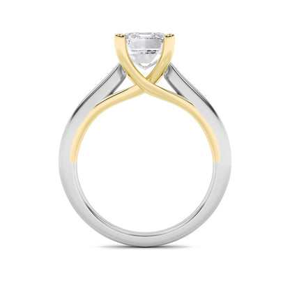 2CTW Radiant Shaped Lab Grown Diamond (F/VS) Two Tone Cathedral Shank Engagement Ring in 14K Gold