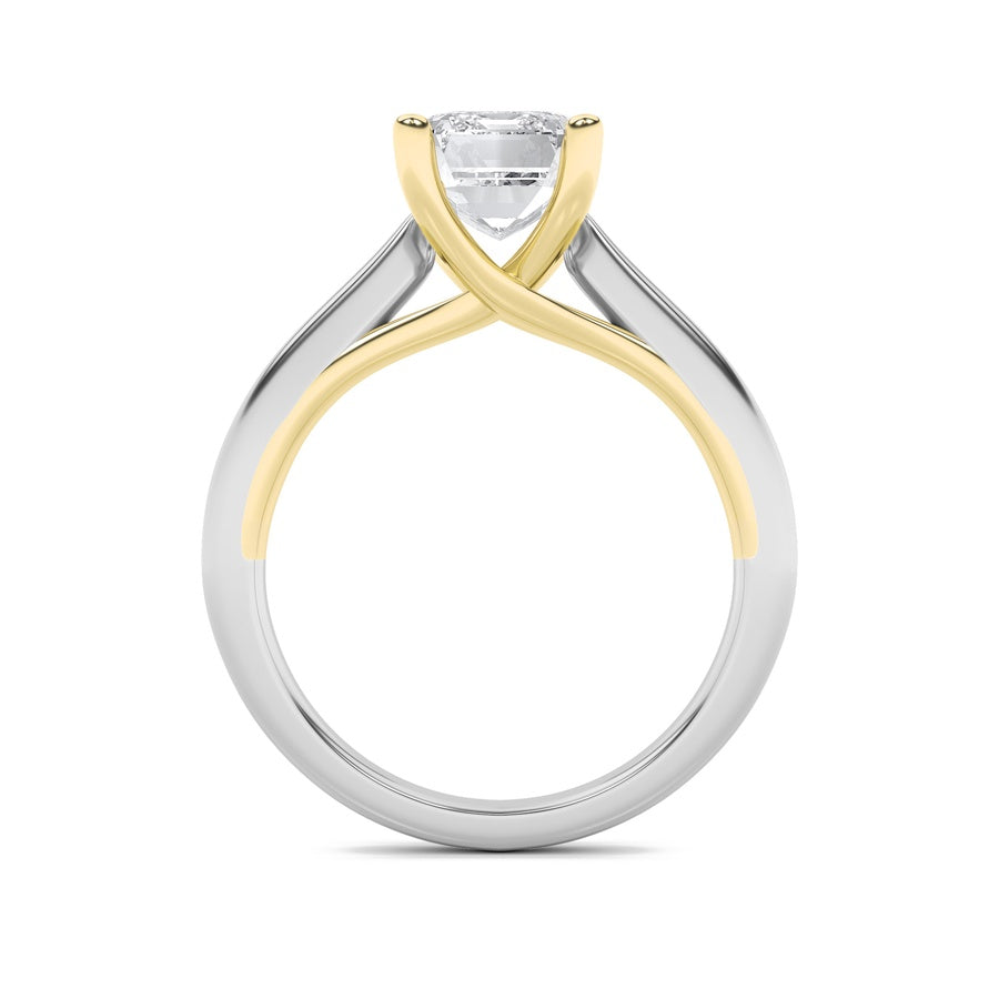 3CTW Radiant Shaped Lab Grown Diamond (F/VS) Two Tone Cathedral Shank Engagement Ring in 14K Gold
