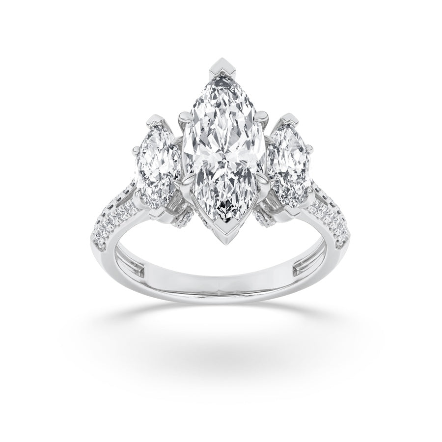 4CTW Marquise Shaped Lab Grown Diamond (G/VS) Three Stone Accented Engagement Ring in 14K Gold