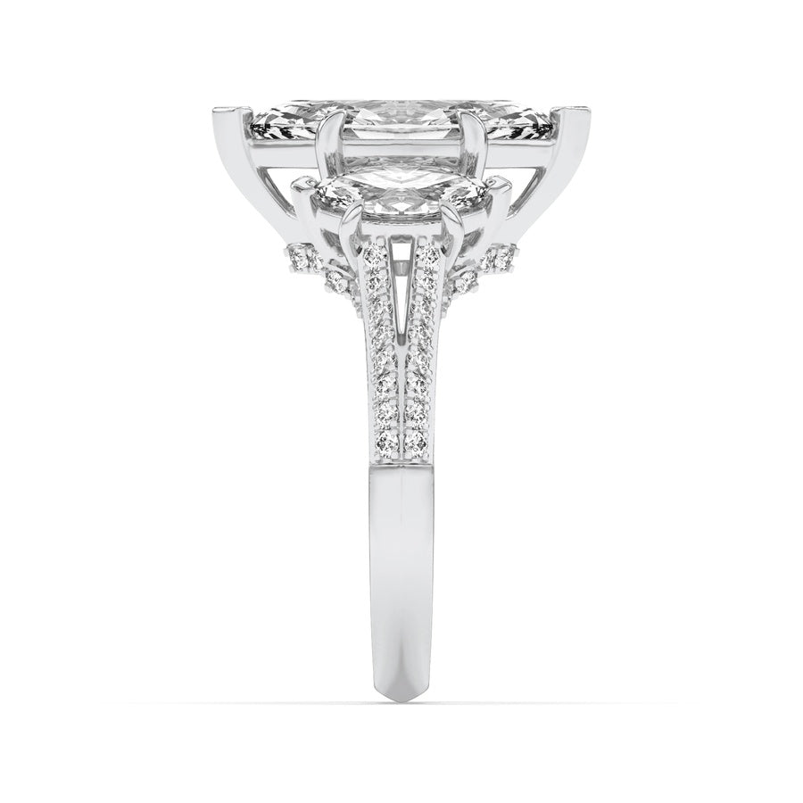 4CTW Marquise Shaped Lab Grown Diamond (G/VS) Three Stone Accented Engagement Ring in 14K Gold