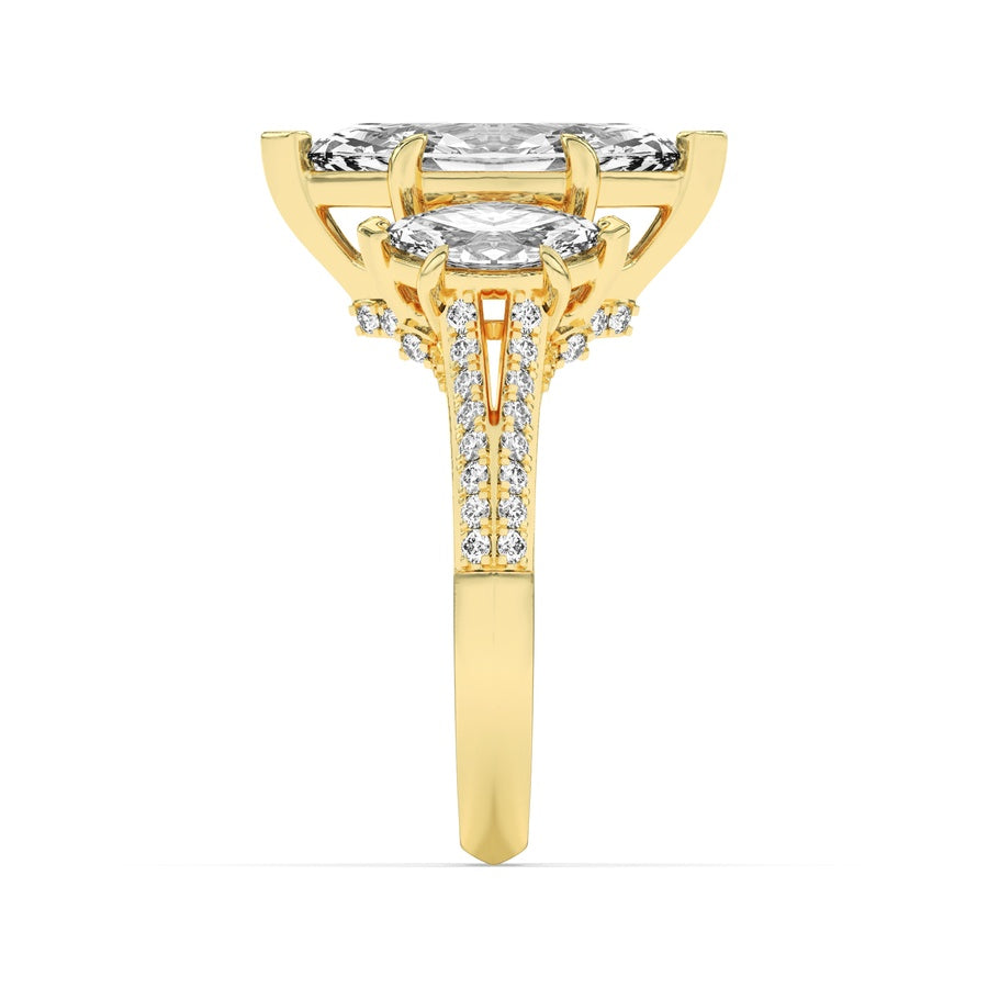 4CTW Marquise Shaped Lab Grown Diamond (G/VS) Three Stone Accented Engagement Ring in 14K Gold