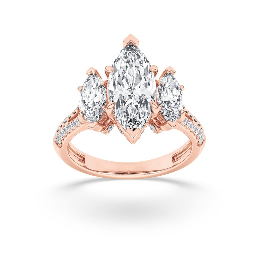 4CTW Marquise Shaped Lab Grown Diamond (G/VS) Three Stone Accented Engagement Ring in 14K Gold