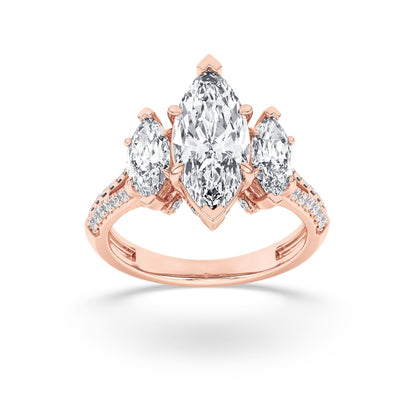 4CTW Marquise Shaped Lab Grown Diamond (G/VS) Three Stone Accented Engagement Ring in 14K Gold