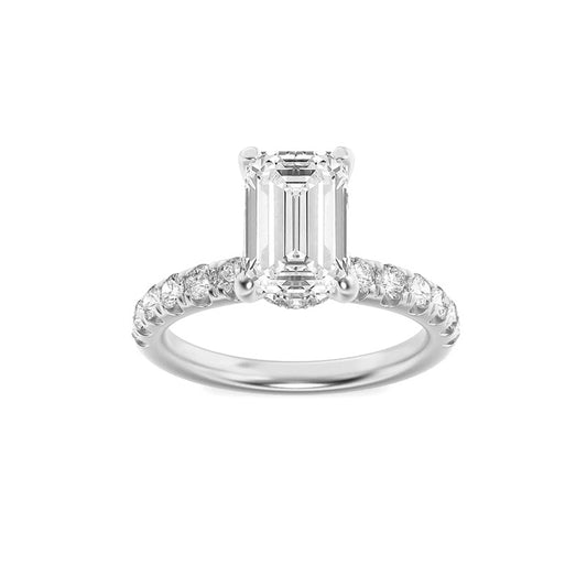 2CTW Emerald Shaped Lab Grown Diamond (G/VS) Hidden Halo Accented Ring in 14K Gold