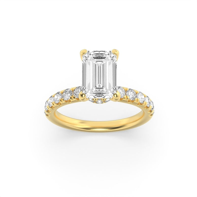 2CTW Emerald Shaped Lab Grown Diamond (G/VS) Hidden Halo Accented Ring in 14K Gold