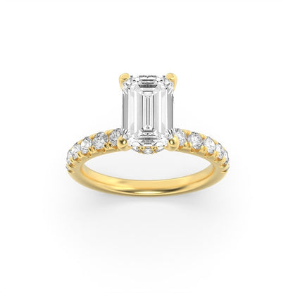 2CTW Emerald Shaped Lab Grown Diamond (G/VS) Hidden Halo Accented Ring in 14K Gold