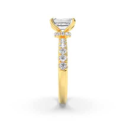 2CTW Emerald Shaped Lab Grown Diamond (G/VS) Hidden Halo Accented Ring in 14K Gold