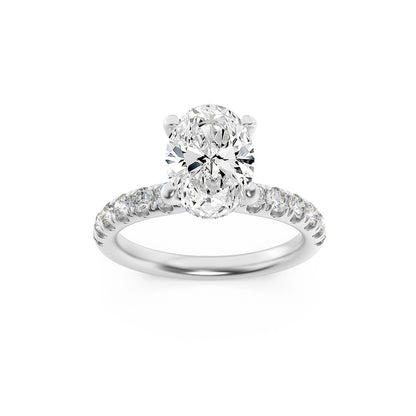 2CTW Oval Shaped Lab Grown Diamond (F/VS) Hidden Halo Accented Ring in 14K Gold