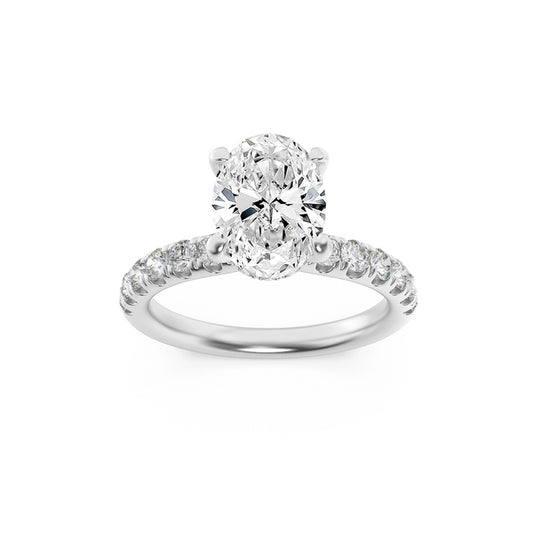 2CTW Oval Shaped Lab Grown Diamond (F/VS) Hidden Halo Accented Ring in 14K Gold