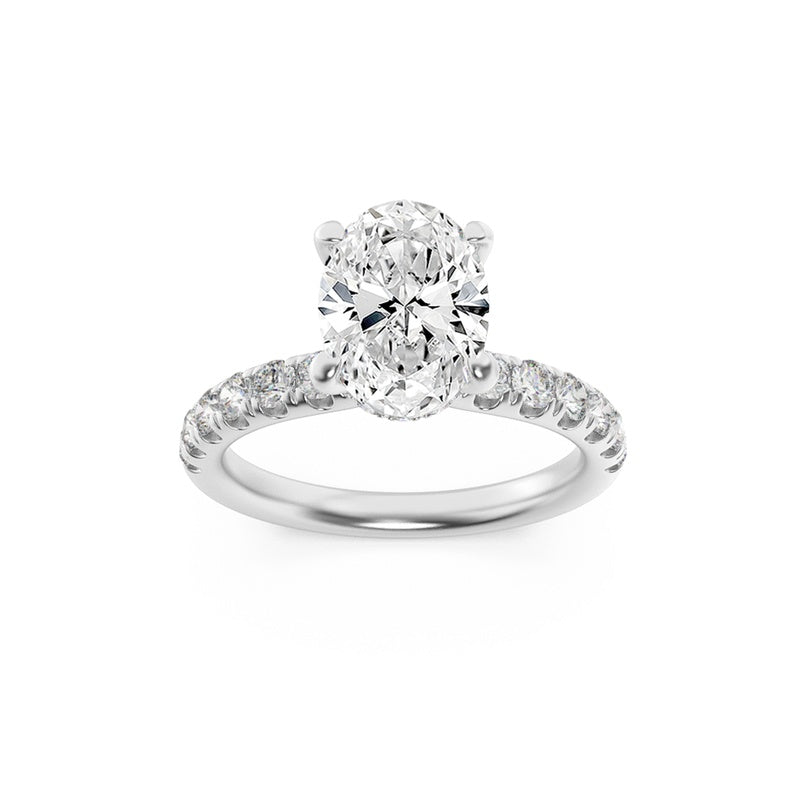 2CTW Oval Shaped Lab Grown Diamond (F/VS) Hidden Halo Accented Ring in 14K Gold