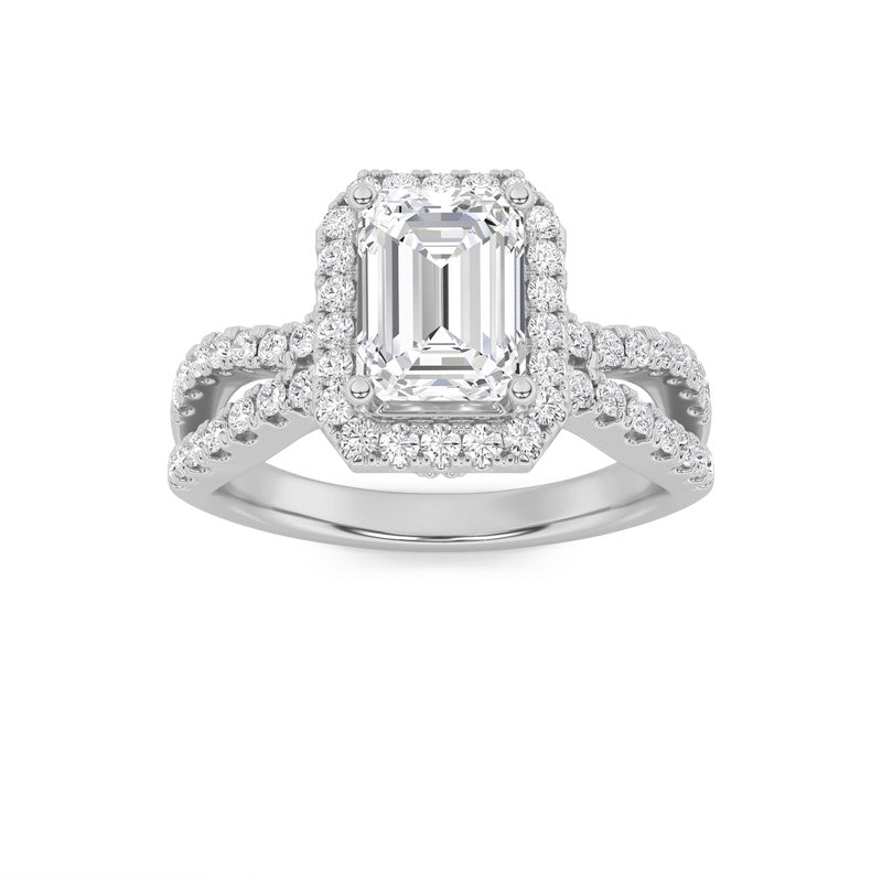 2CTW Emerald Shaped Lab Grown Diamond (G/VS) Split Shank Halo Accented Engagement Ring in 14K Gold