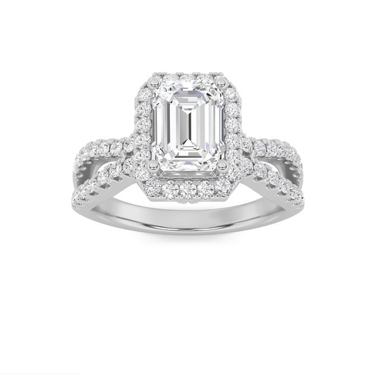2CTW Emerald Shaped Lab Grown Diamond (G/VS) Split Shank Halo Accented Engagement Ring in 14K Gold