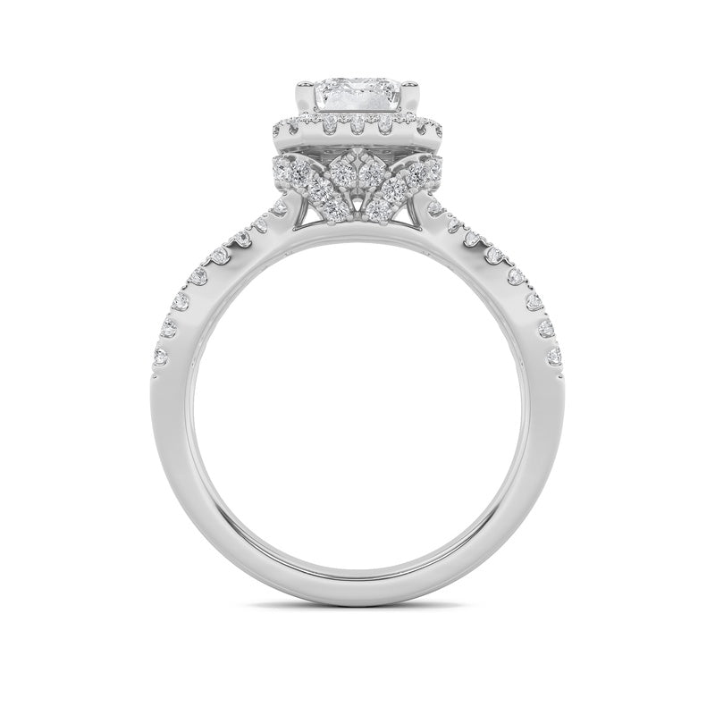 2CTW Emerald Shaped Lab Grown Diamond (G/VS) Split Shank Halo Accented Engagement Ring in 14K Gold